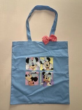 Minnie Mouse Canvas Tote Bag Blue Pastel Disney Reusable Shopper w/ Pink Bow